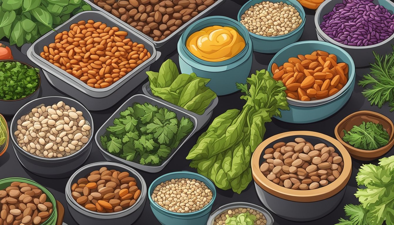 A colorful array of pinto beans, surrounded by various fresh vegetables and herbs, set against a backdrop of vibrant meal prep containers