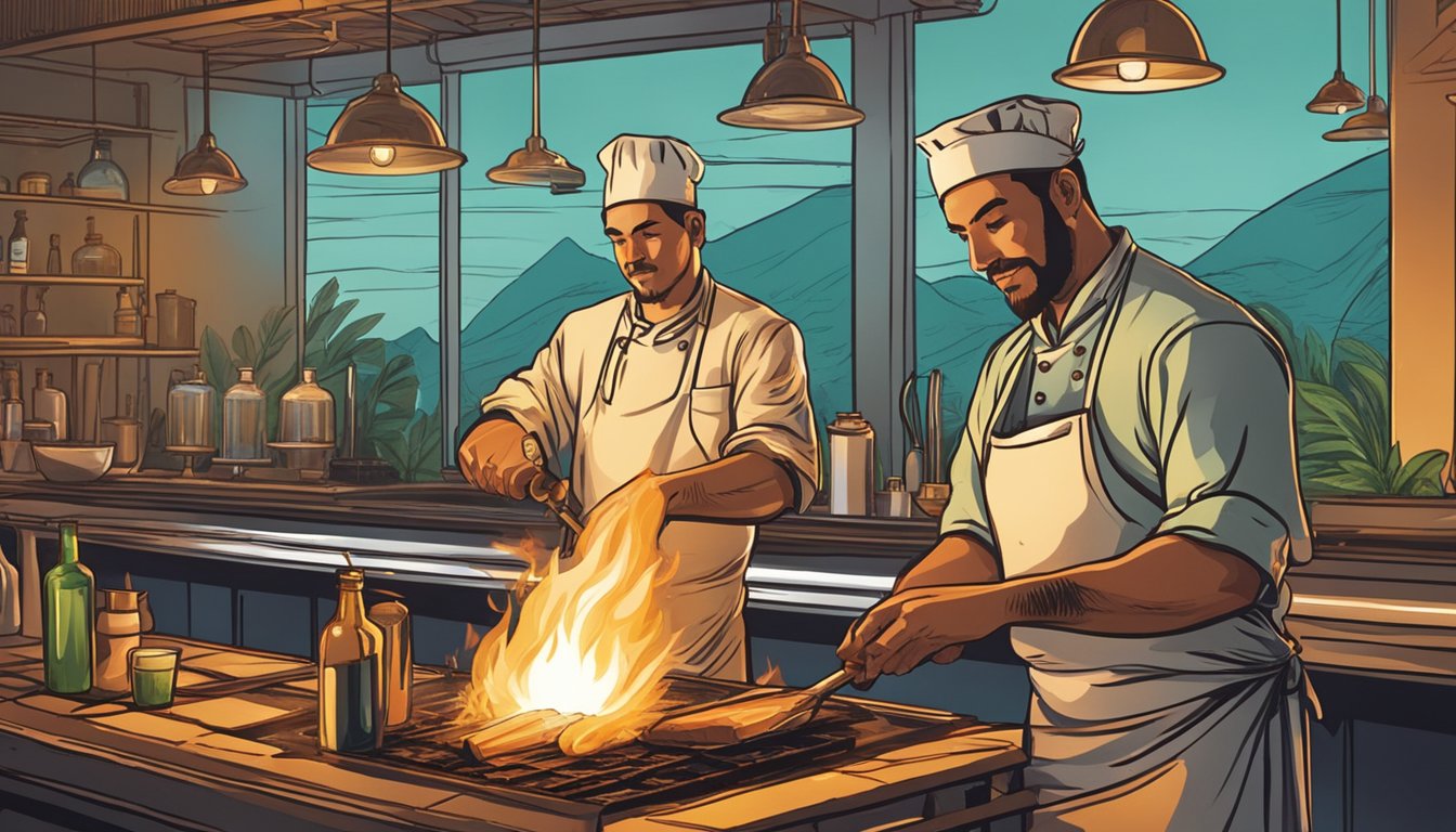 A chef grills mahi mahi over an open flame while a bartender prepares drinks in the background