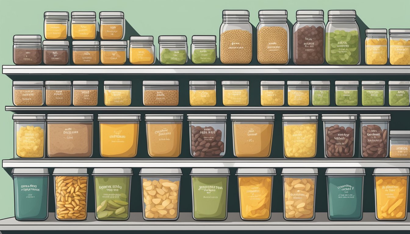 A pantry filled with neatly labeled containers of jackfruit prepped meals, each with a different recipe, arranged on a shelf with expiration dates marked