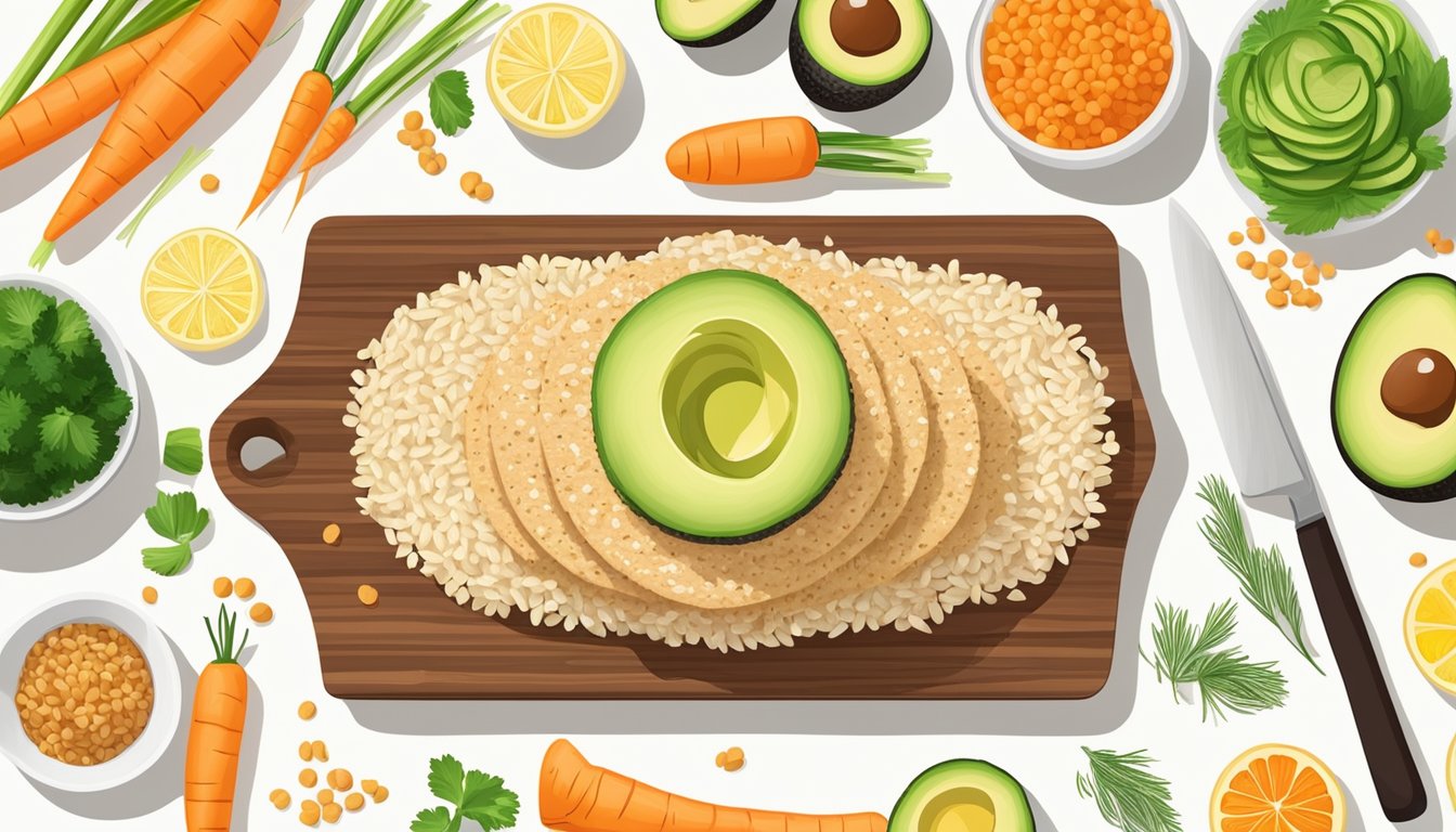 A wooden cutting board with freshly prepared brown rice and avocado rolls, surrounded by colorful ingredients like carrots, cucumber, and sesame seeds