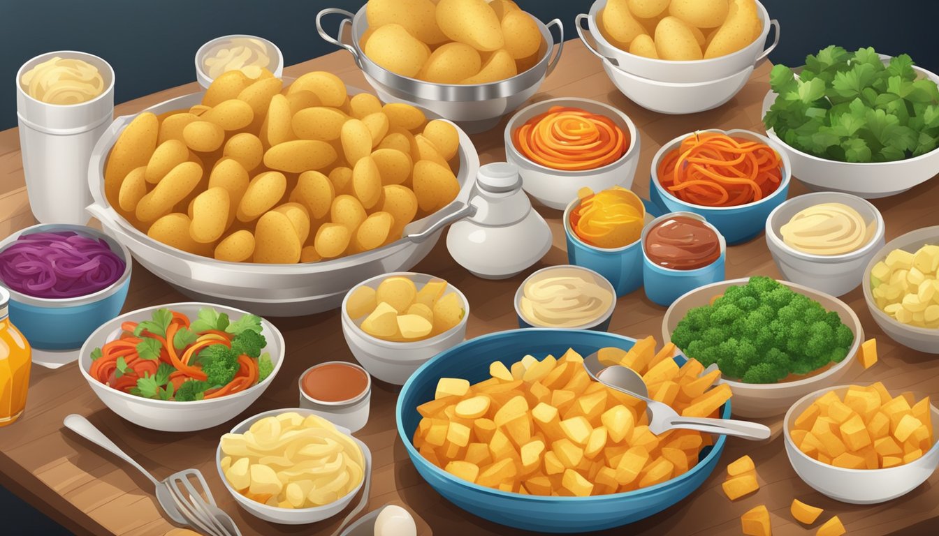 A colorful display of various potato dishes arranged on a table, from simple fries to gourmet creations, surrounded by vibrant ingredients and cooking utensils