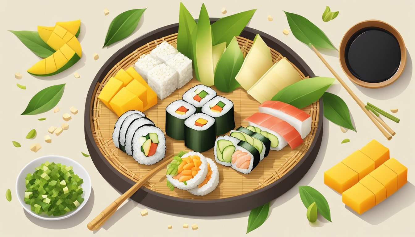 A bamboo sushi rolling mat surrounded by fresh tofu, mango, and other ingredients for making healthy sushi rolls