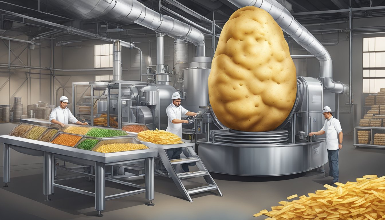 A potato being transformed into a dazzling array of products, from chips to vodka, in a bustling industrial setting