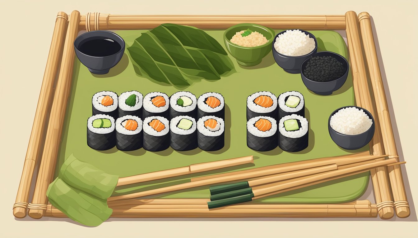 A bamboo sushi rolling mat with nori, rice, and assorted fillings laid out for making sushi rolls