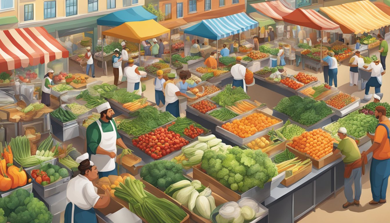 A bustling farmer's market with colorful displays of fresh produce and busy chefs creating elaborate dishes in a vibrant kitchen