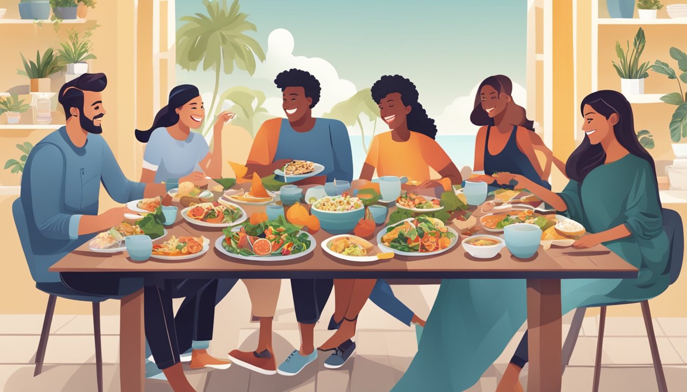 A group of people gathered around a table filled with delicious and visually appealing dishes, engaged in lively conversation and smiling with satisfaction