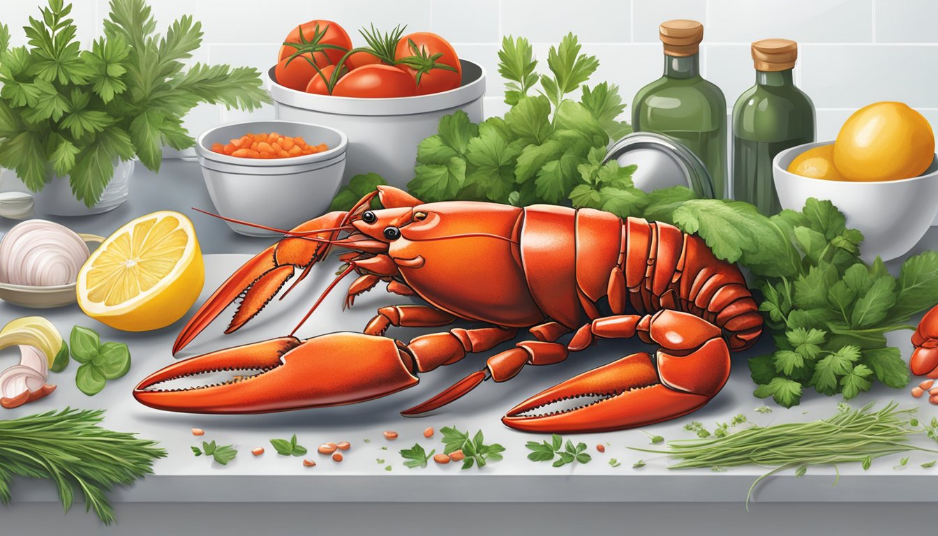 A lobster being prepared for cooking, surrounded by fresh herbs and ingredients on a clean kitchen counter