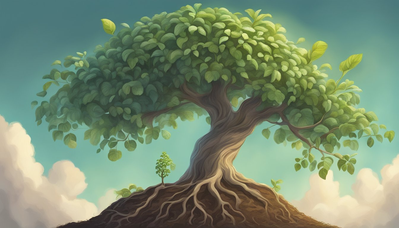 A potato sprouting into a grand, flourishing tree, reaching towards the sky with ambition and potential