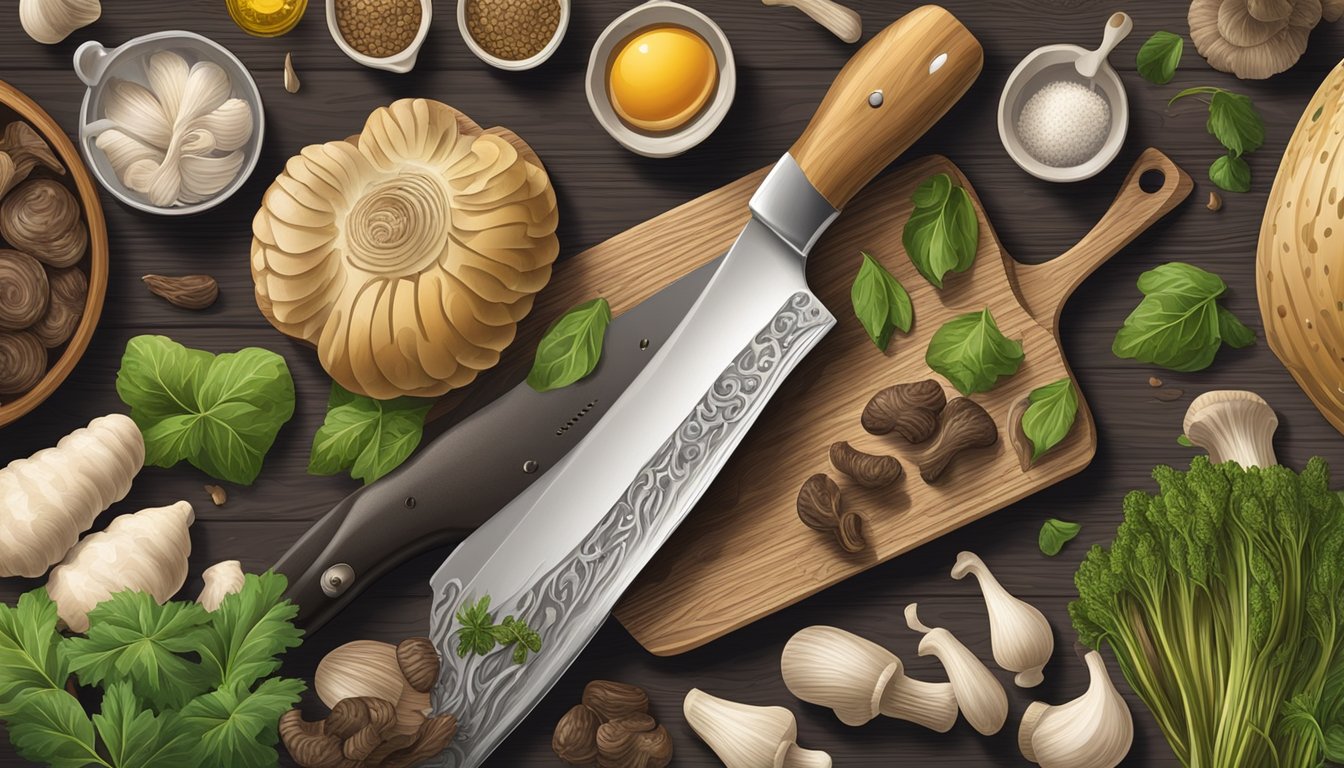 A chef's knife slicing through fresh morel mushrooms on a wooden cutting board, surrounded by various cooking utensils and ingredients