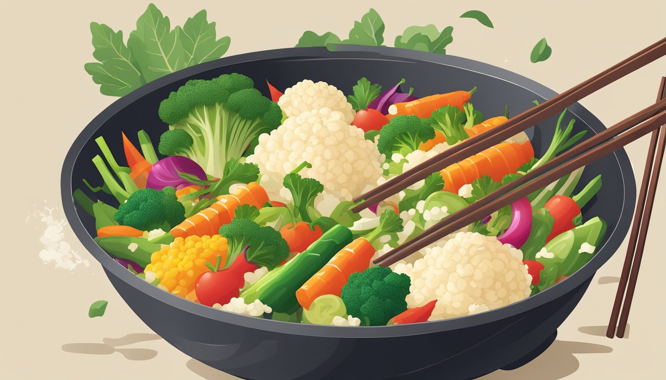 A colorful array of vegetables sizzling in a wok, with cauliflower rice being tossed in by a pair of chopsticks