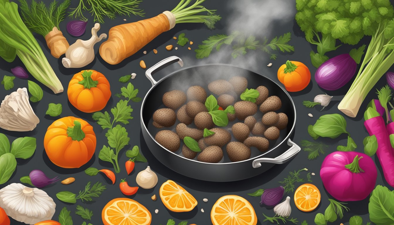 A chef skillfully sautés morel mushrooms in a sizzling pan, surrounded by fresh herbs and colorful vegetables