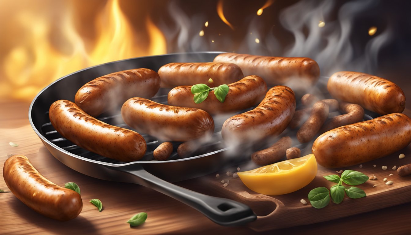 Italian sausages sizzling in a hot skillet, turning golden brown and releasing savory aroma