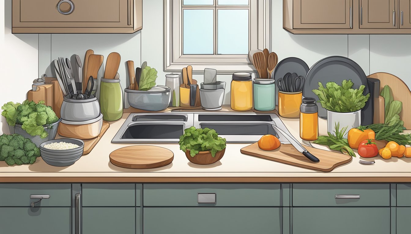 A kitchen counter with various containers filled with prepped ingredients, cutting boards, knives, and cooking utensils neatly arranged