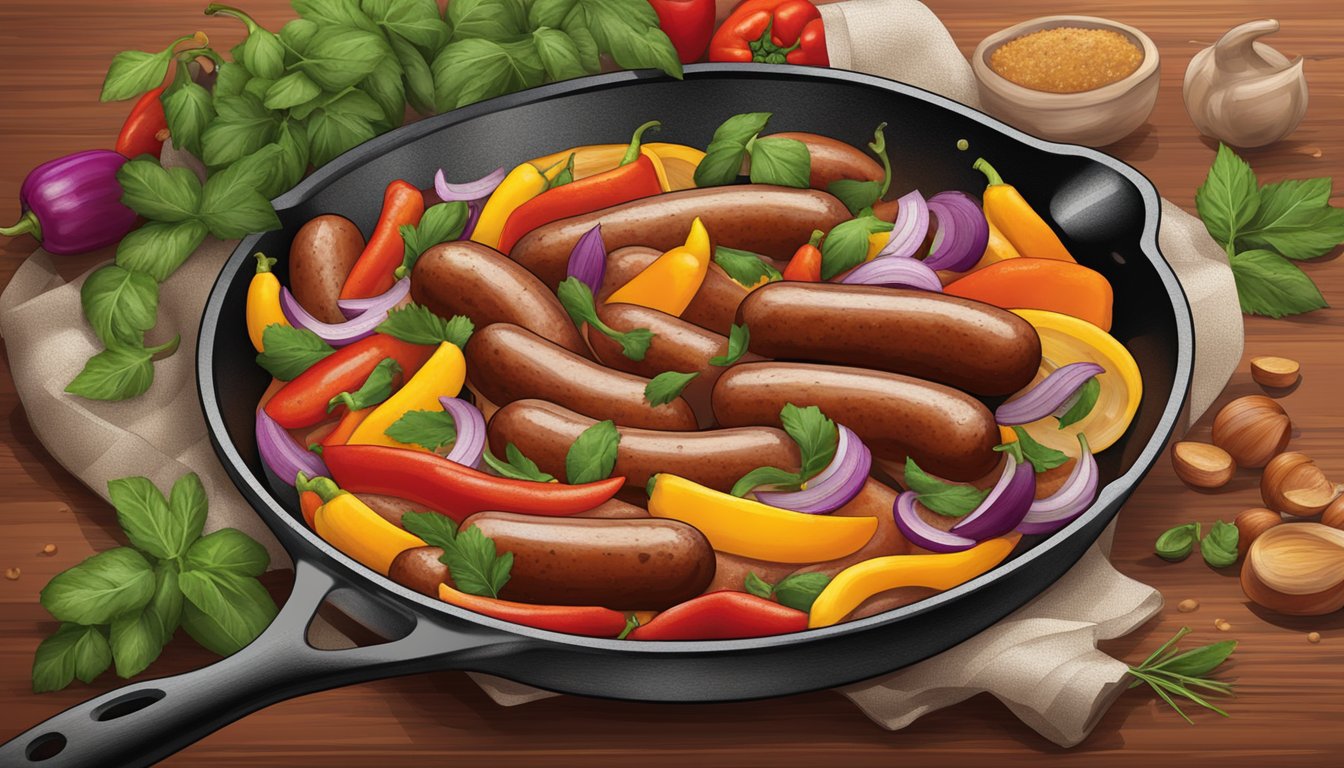 A sizzling Italian sausage in a skillet, surrounded by colorful peppers and onions. A sprinkle of fresh herbs adds a finishing touch