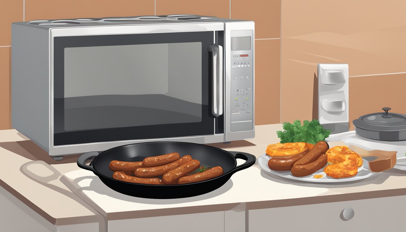 A skillet with cooked Italian sausages next to a container of leftovers being reheated in a microwave