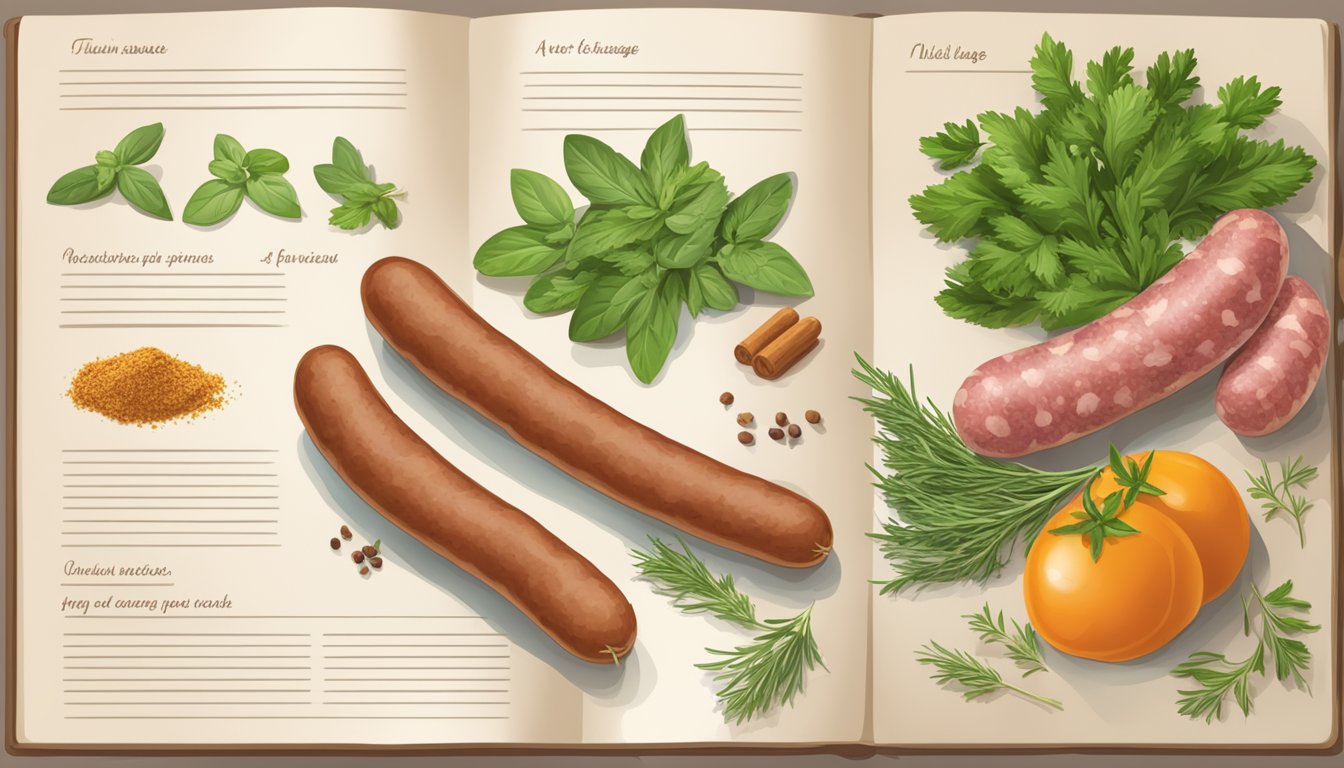 A table with ingredients: Italian sausage, herbs, and spices. A recipe book open to a page with nutritional information and cooking instructions