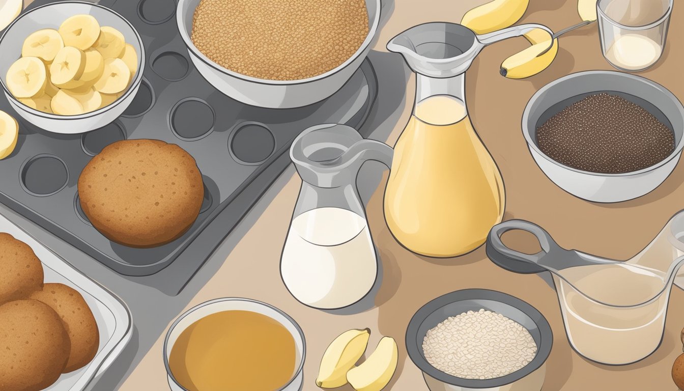 A kitchen counter with a mixing bowl, measuring cups, flaxseed meal, and muffin tins. Ingredients like bananas, almond milk, and maple syrup are also present