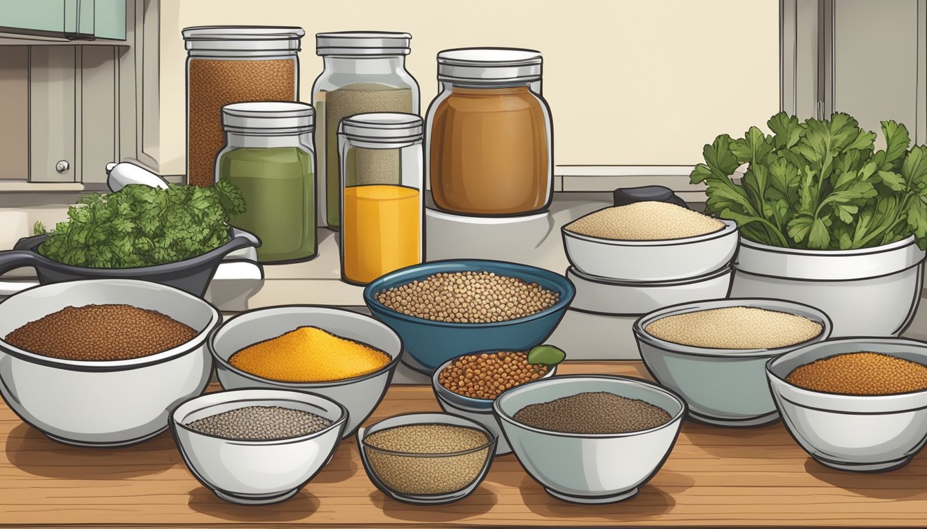 A kitchen counter with various ingredients and cooking utensils, including bowls of flaxseed meal, fresh produce, and recipe cards