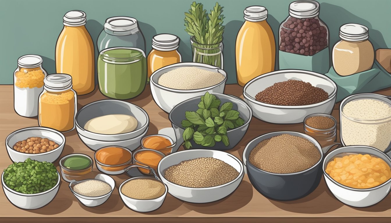 A kitchen counter with various ingredients, cutting boards, and utensils laid out for meal prep. Flaxseed meal is being incorporated into different recipes such as smoothies, energy balls, and oatmeal