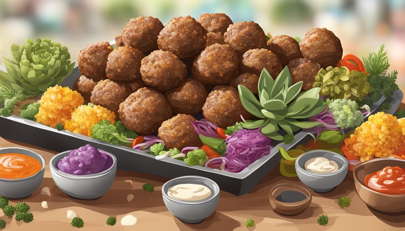 A platter of succulent meatballs surrounded by a variety of colorful sauces and seasonings