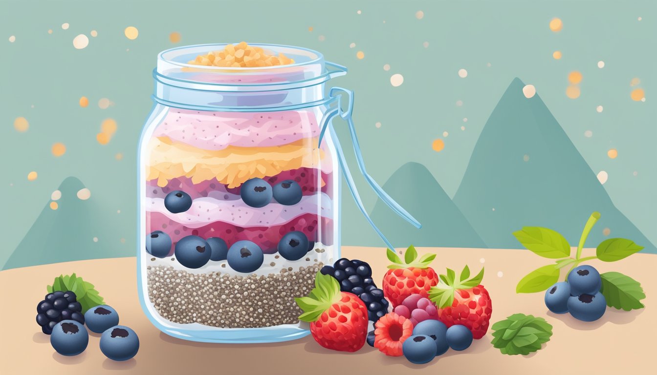 A glass jar filled with layers of chia seed and berry overnight oats, surrounded by fresh berries and a scattering of chia seeds