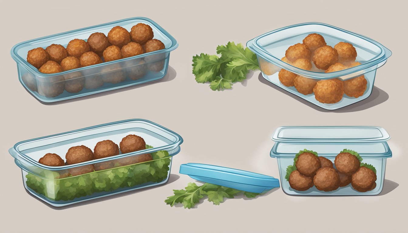 A plate of meatballs being stored in airtight containers and then reheated in the microwave