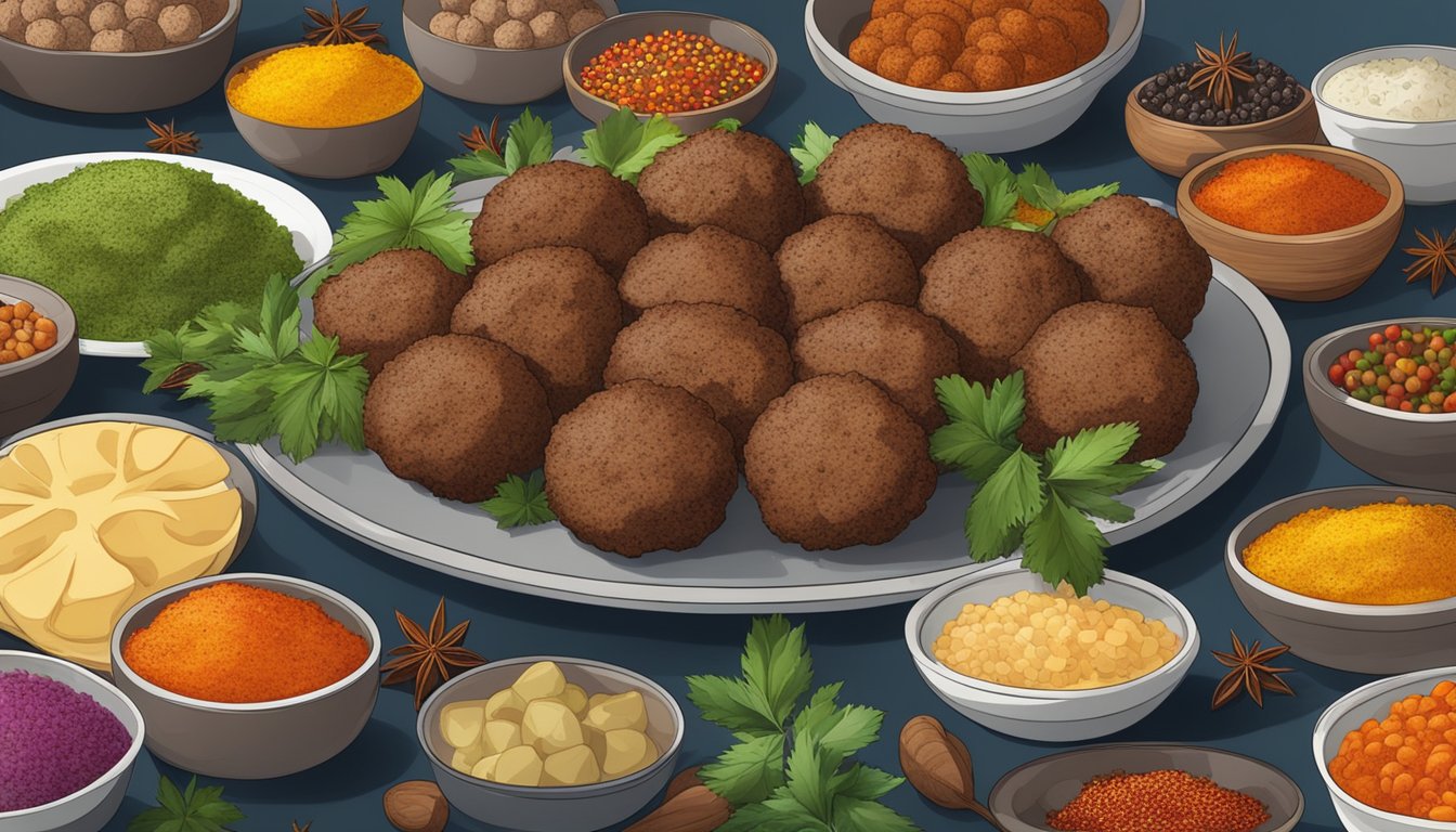 A table with an array of meatballs, each representing a different cultural variation, surrounded by colorful spices and herbs