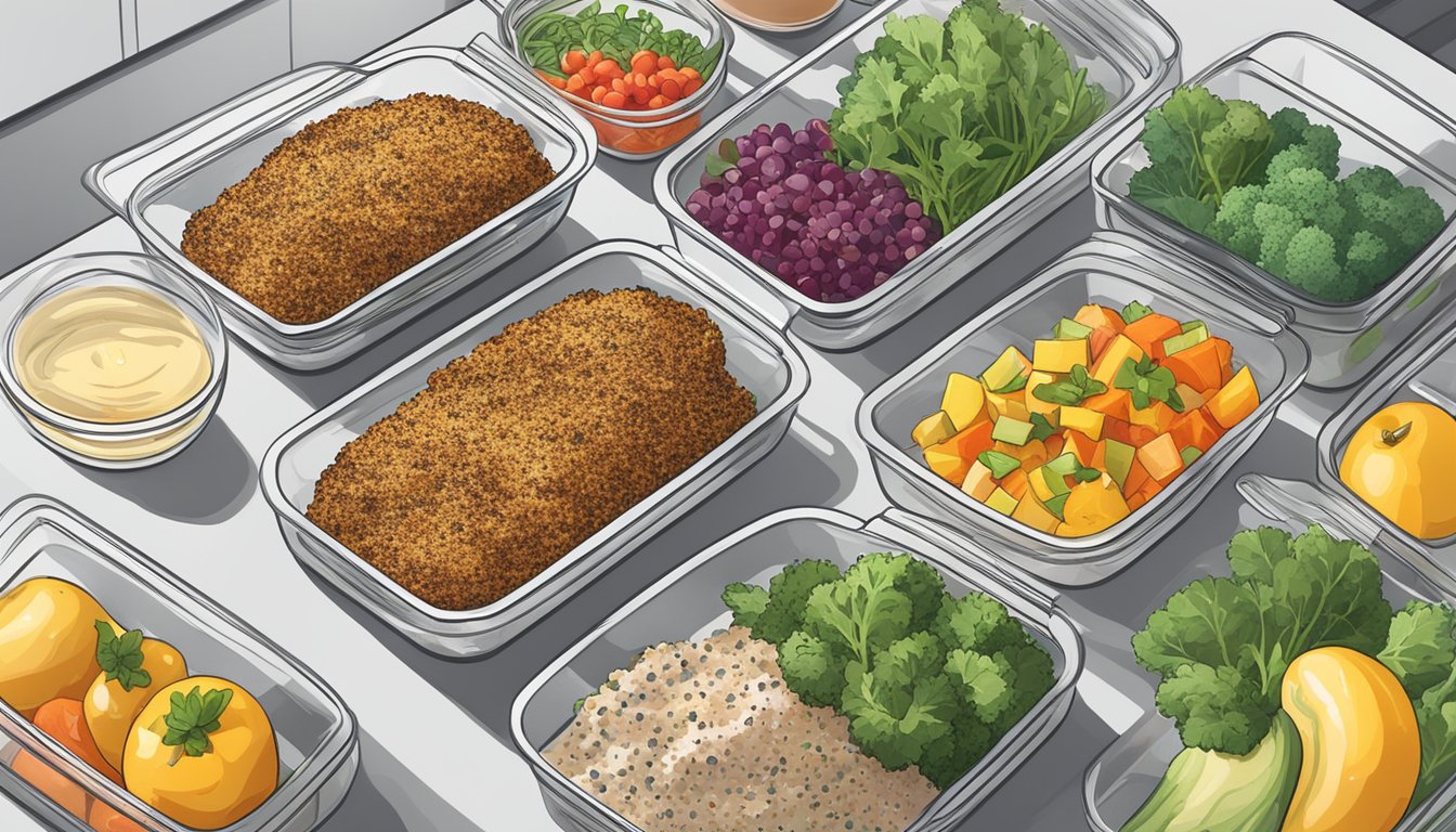 A kitchen counter with a row of chia seed-crusted chicken breasts, surrounded by various meal prep containers filled with colorful, healthy ingredients