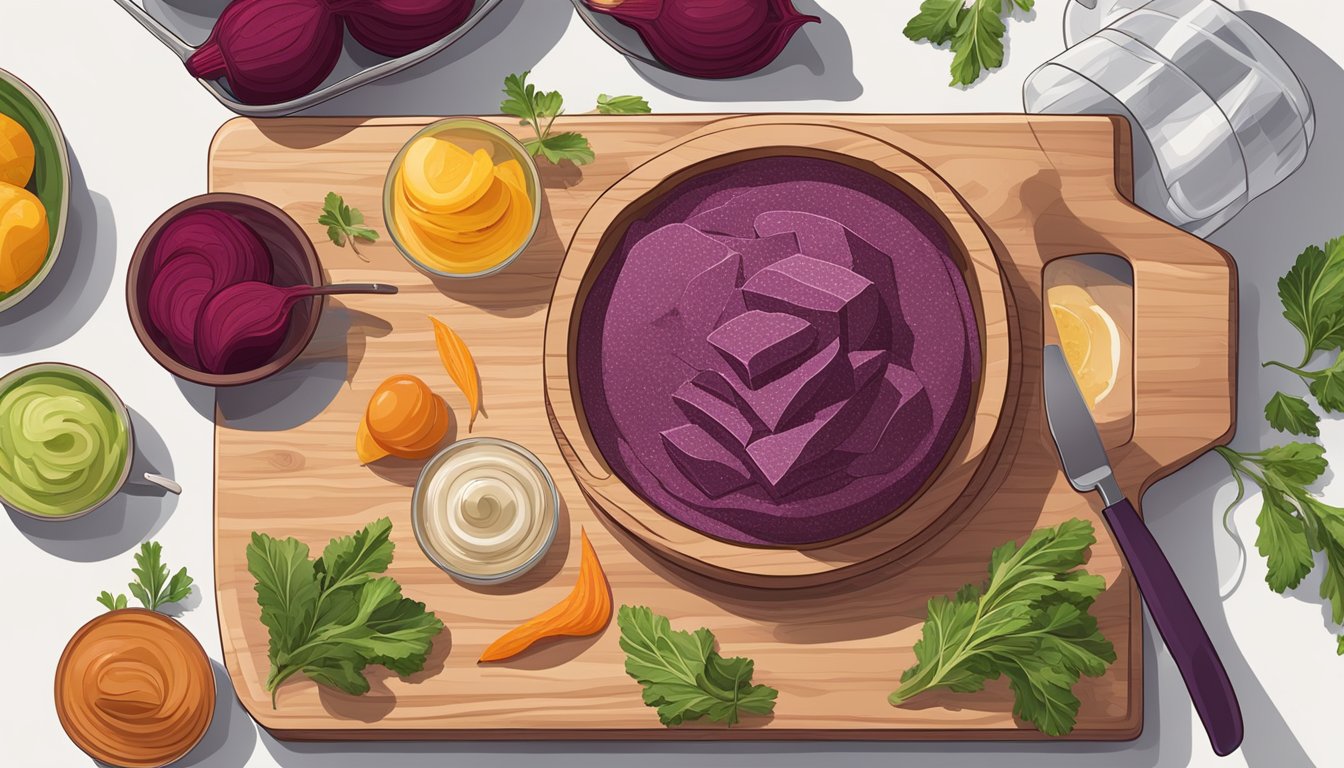 A cutting board with roasted beets, a food processor, and various ingredients arranged for making beet hummus