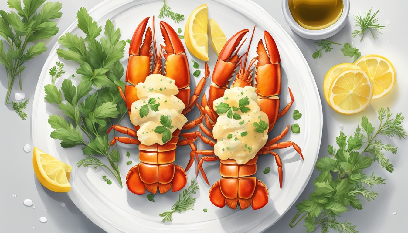 Two perfectly cooked lobster tails on a white plate with a garnish of fresh herbs and a drizzle of melted butter