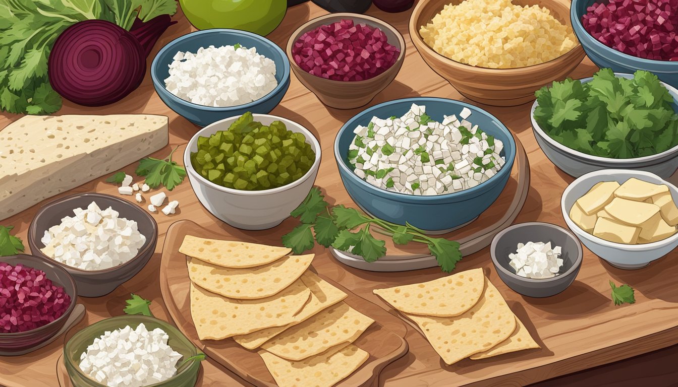 A cutting board with diced beets, crumbled feta, and tortillas laid out for assembling wraps. Bowls of assorted ingredients nearby