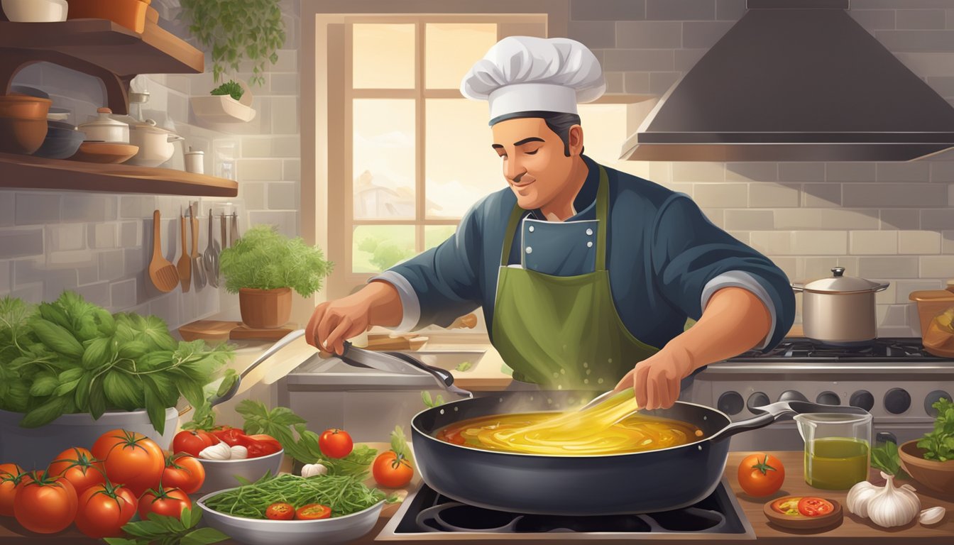 A chef pouring olive oil into a sizzling pan, surrounded by fresh herbs, tomatoes, and garlic, with a warm, inviting kitchen in the background