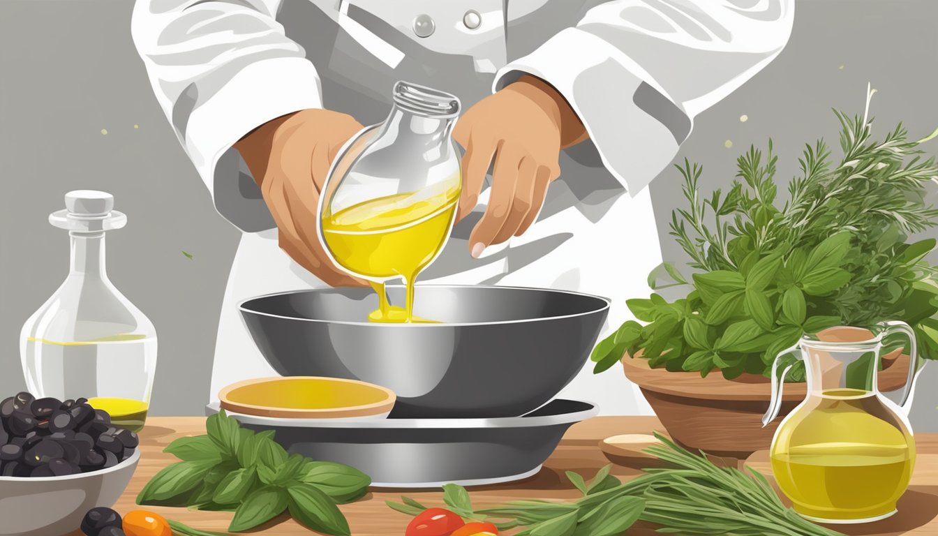 A chef pouring olive oil into a mixing bowl surrounded by fresh herbs and spices