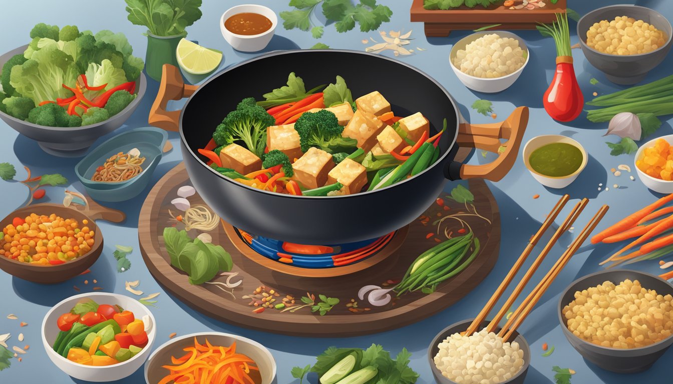 A sizzling wok filled with colorful stir-fry ingredients including five-spice tofu, vibrant vegetables, and fragrant herbs, surrounded by lunar new year decorations