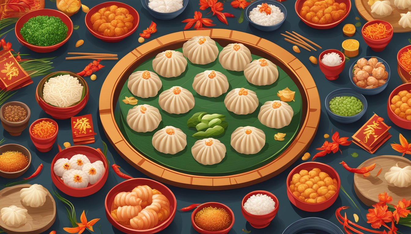 A colorful array of spicy shrimp dumplings arranged in a circular pattern, surrounded by traditional lunar new year decorations and symbols