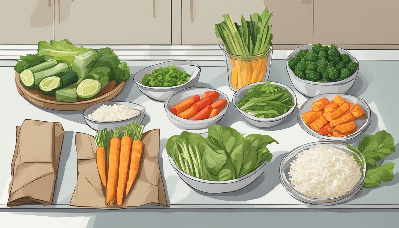 A colorful array of fresh vegetables, herbs, and rice paper wrappers laid out on a clean kitchen counter, ready to be assembled into delicious Vegetable Spring Rolls