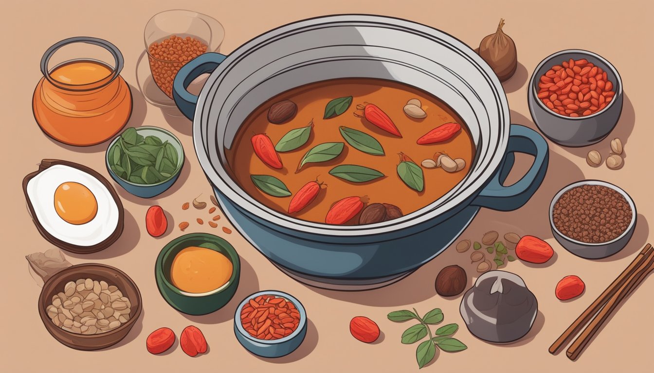 A steaming pot of Goji Berry and Red Date Soup surrounded by Lunar New Year meal prep ingredients