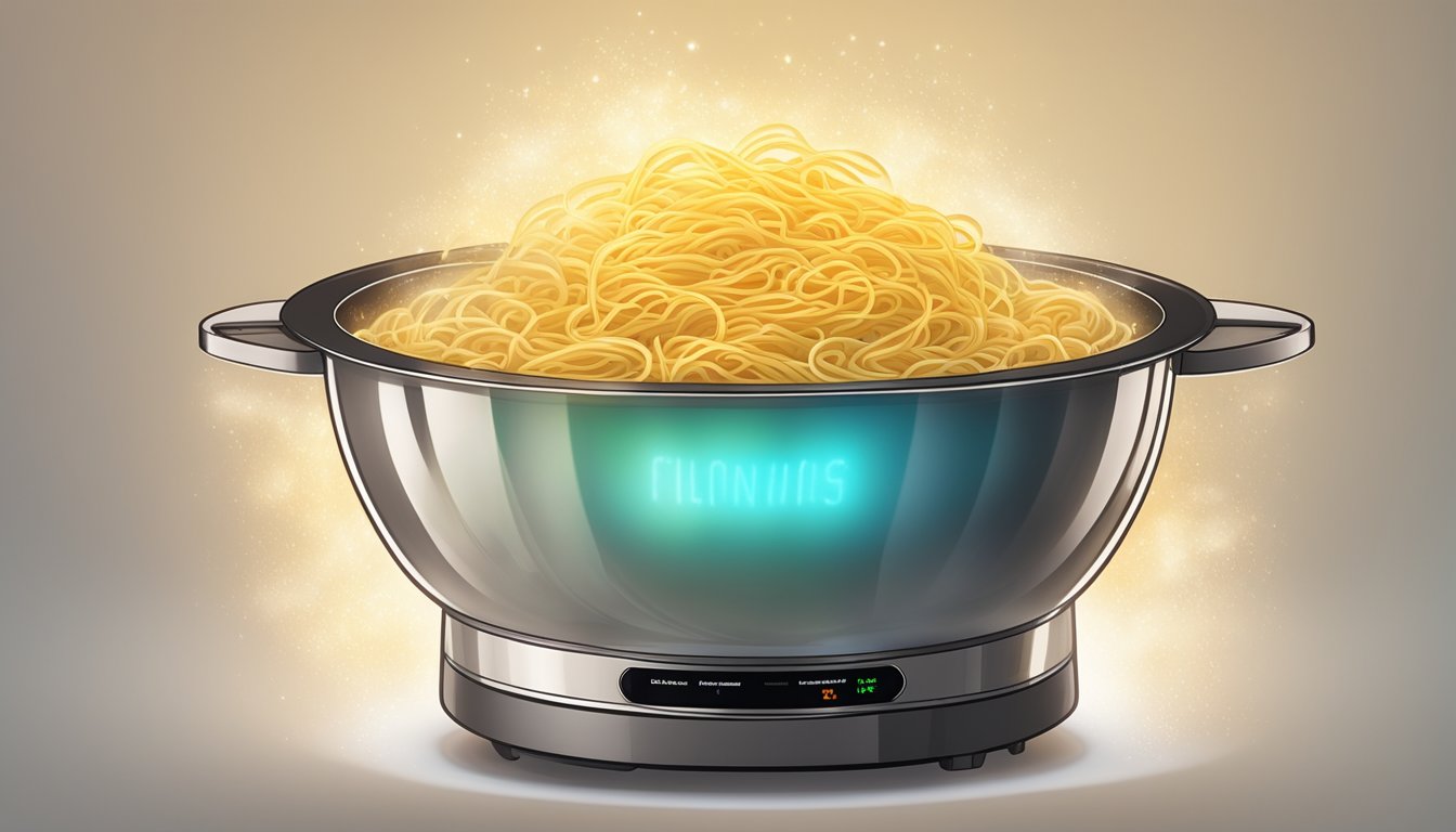 A bowl of noodles spins inside a glowing microwave, steam rising as the magic of quick cooking takes place