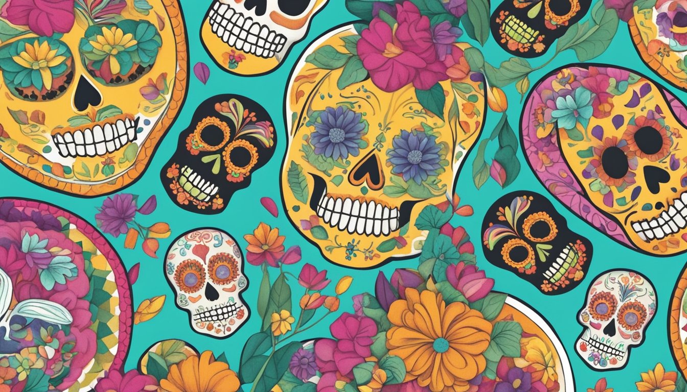 A colorful table spread with 10 different meal prep ideas for Dia de los Muertos, featuring sugar skulls as the centerpiece