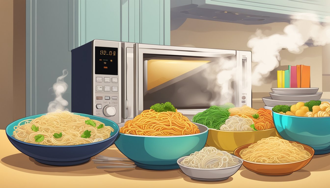 A steaming bowl of various types of noodles, surrounded by colorful packets and a microwave in the background