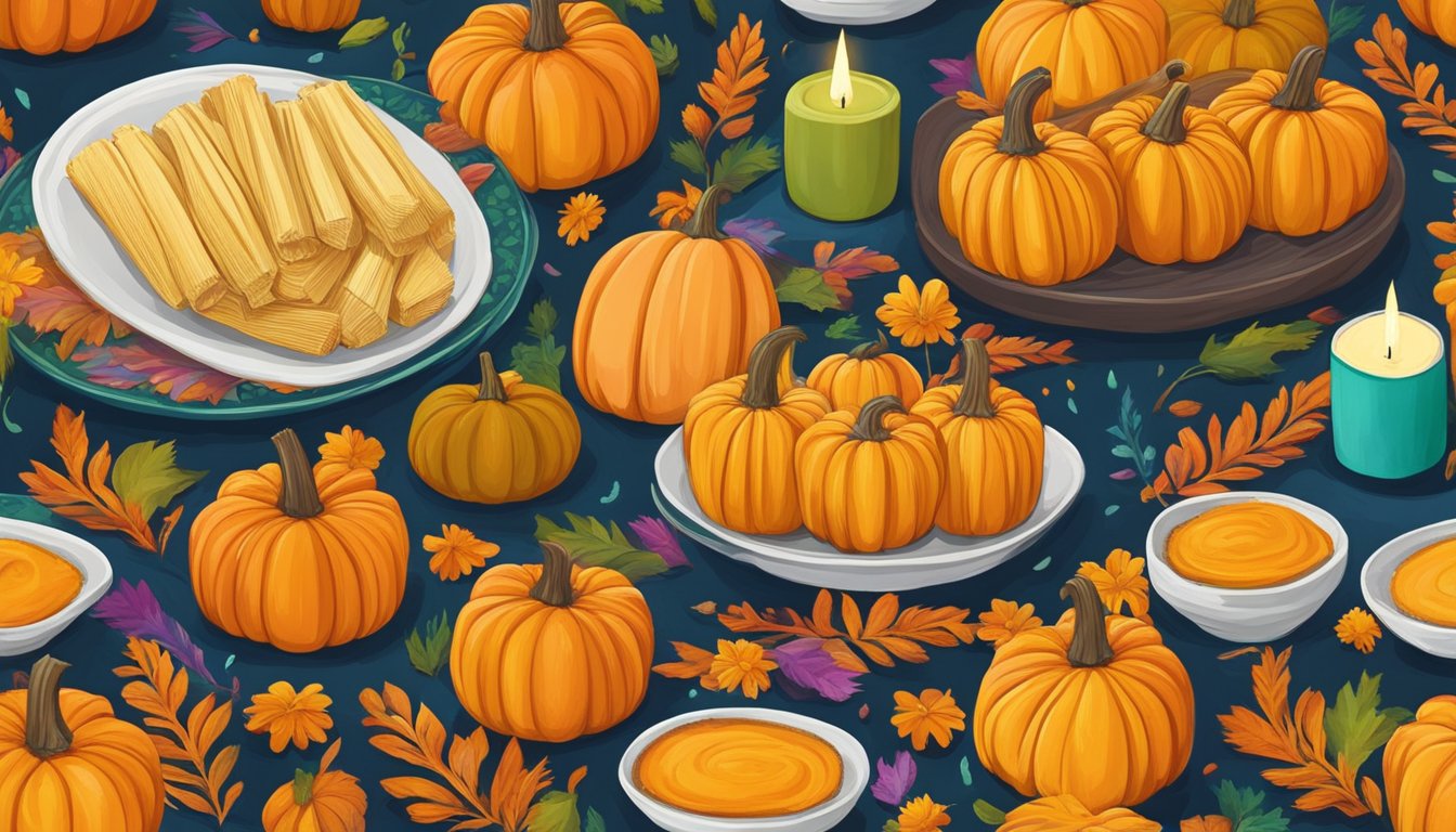 A colorful array of pumpkin tamales arranged on a vibrant table with marigolds and candles for Dia de los Muertos