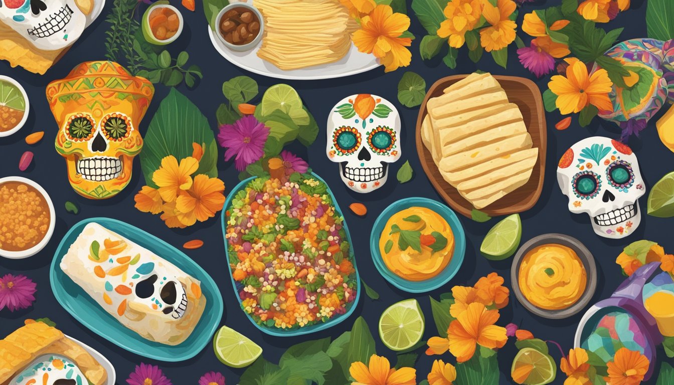 A colorful table spread with 10 different meal prep ideas for Dia de los Muertos, including Atol de Elote, surrounded by traditional decorations and flowers