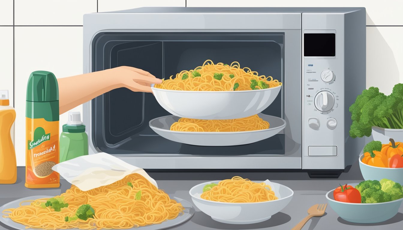 A hand reaches for a microwave-safe bowl filled with noodles and vegetables, with a packet of seasoning nearby. A damp cloth and cleaning spray sit on the counter