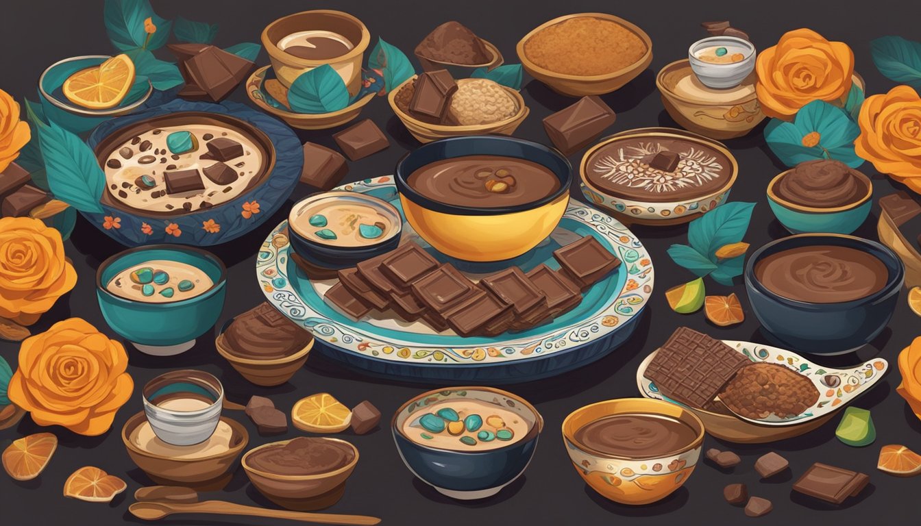 A table set with 10 bowls of chocolate atole, surrounded by traditional Dia de los Muertos decorations and symbols