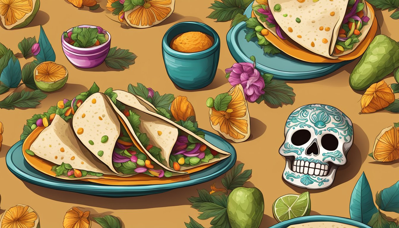 A festive table set with colorful tacos de camote and decorative elements for Dia de los Muertos