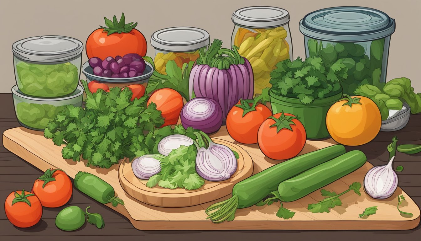 A colorful array of nopales, tomatoes, onions, and cilantro arranged on a wooden cutting board, surrounded by various meal prep containers and utensils