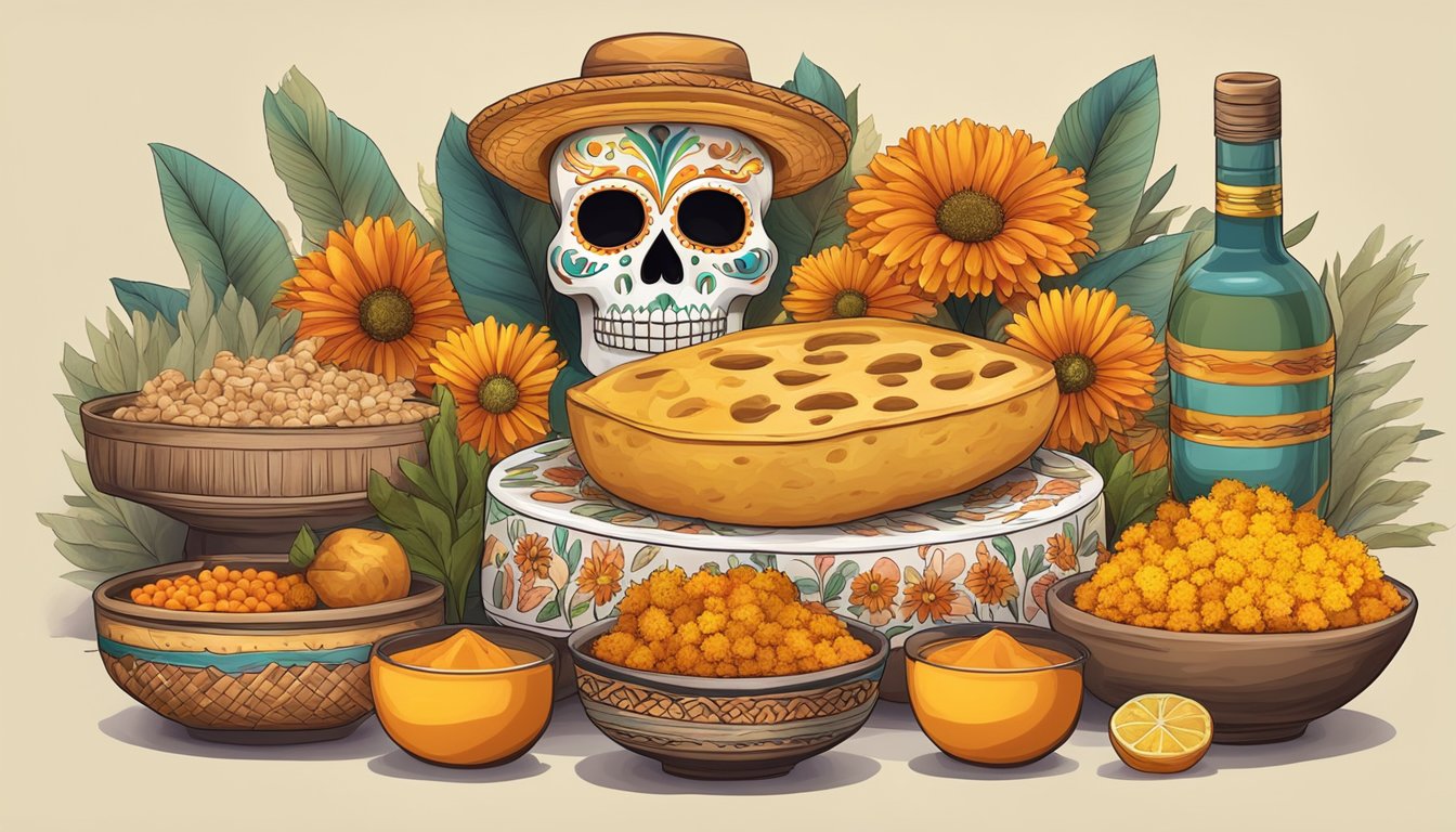 A colorful Dia de los Muertos altar with traditional food offerings and marigold flowers