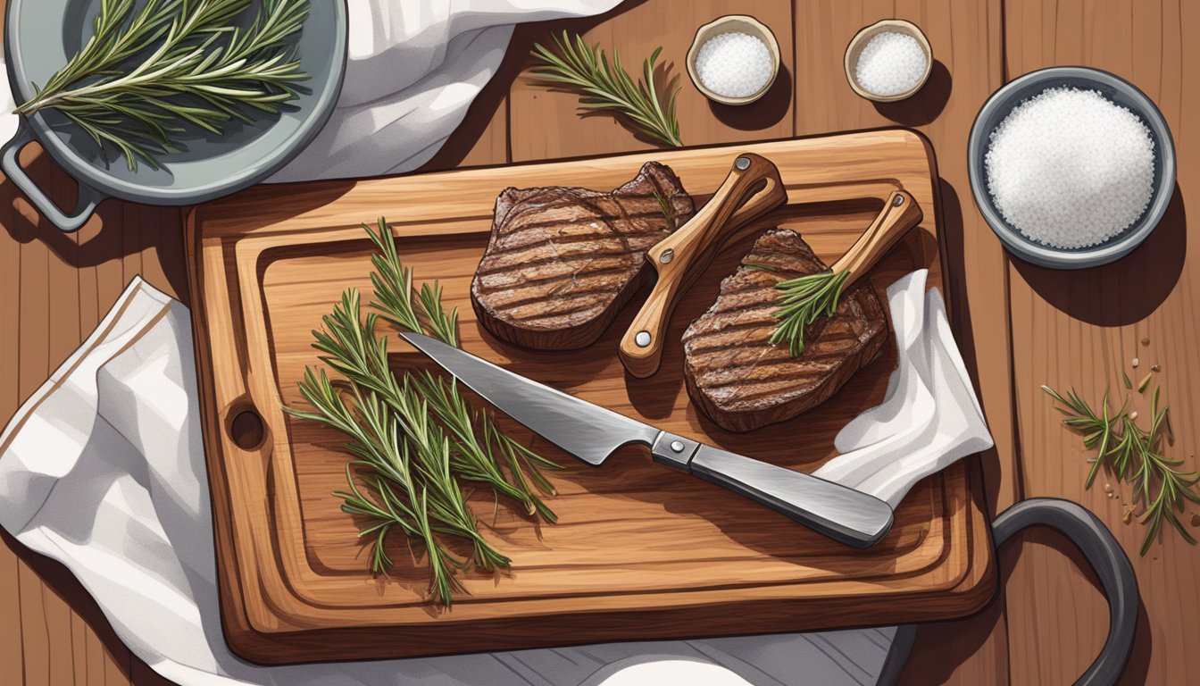 A wooden cutting board with fresh rosemary, garlic cloves, and a bowl of sea salt next to a platter of perfectly seared lamb chops