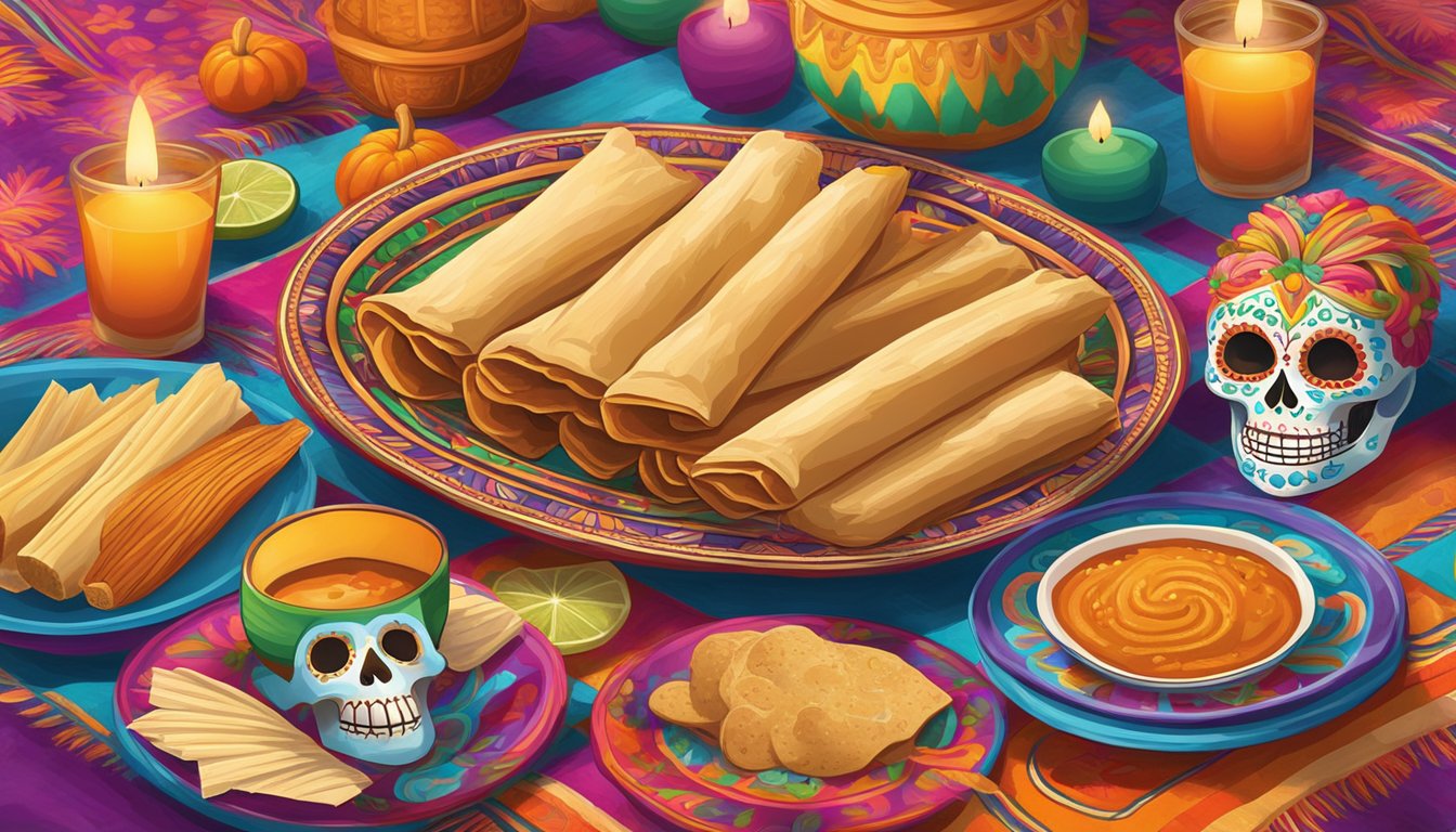 A colorful array of traditional Dia de los Muertos foods, including tamales, pan de muerto, and sugar skulls, arranged on a vibrant tablecloth