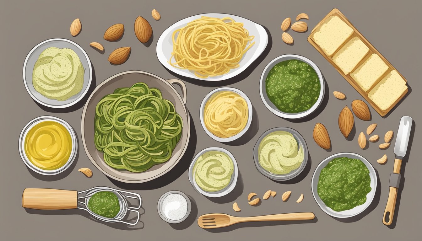 A kitchen counter with a bowl of almond flour fettuccine topped with pesto, surrounded by ingredients and cooking utensils for meal prep